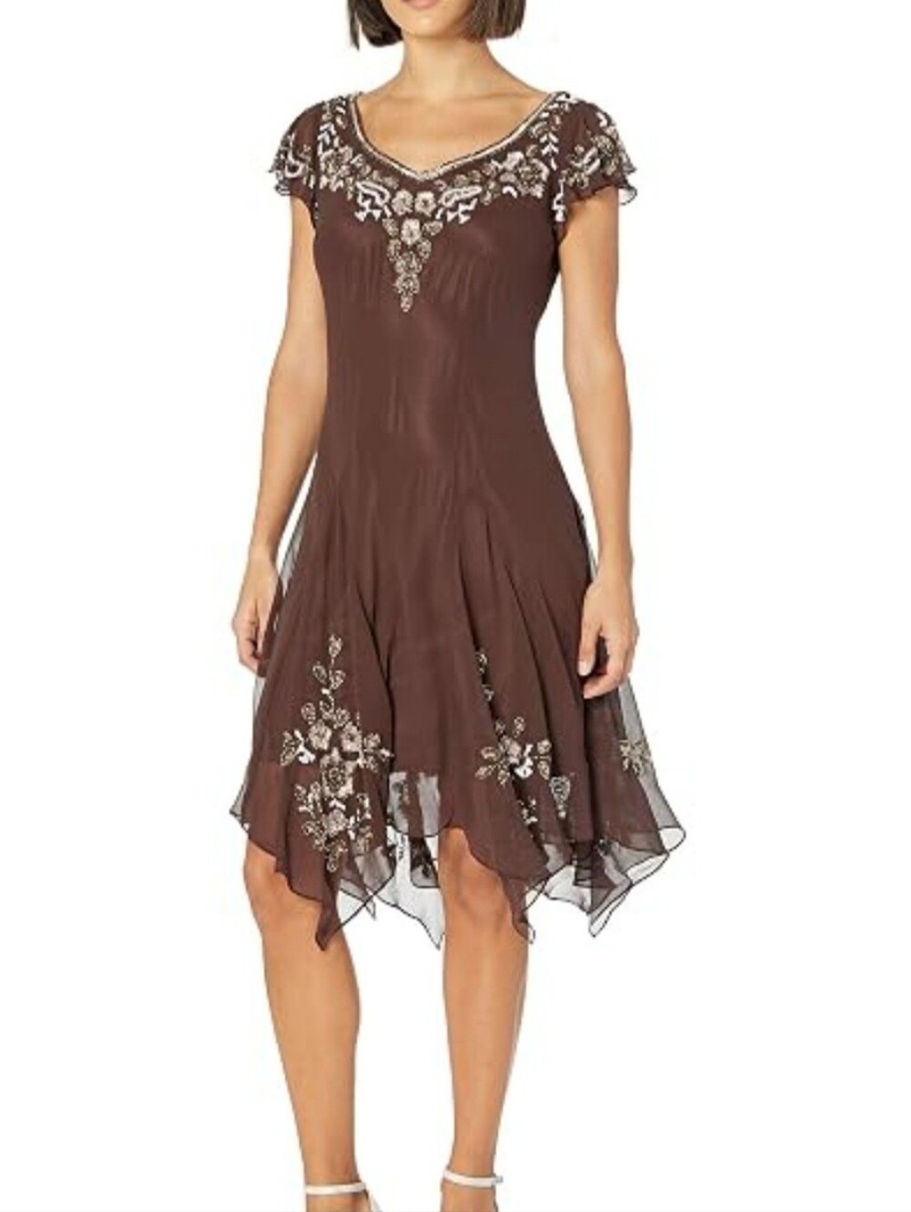 J Kara Ruffle Sleeve Hanky ​​Hem  Cocktail Dress Color Chocolate size 10 NWT